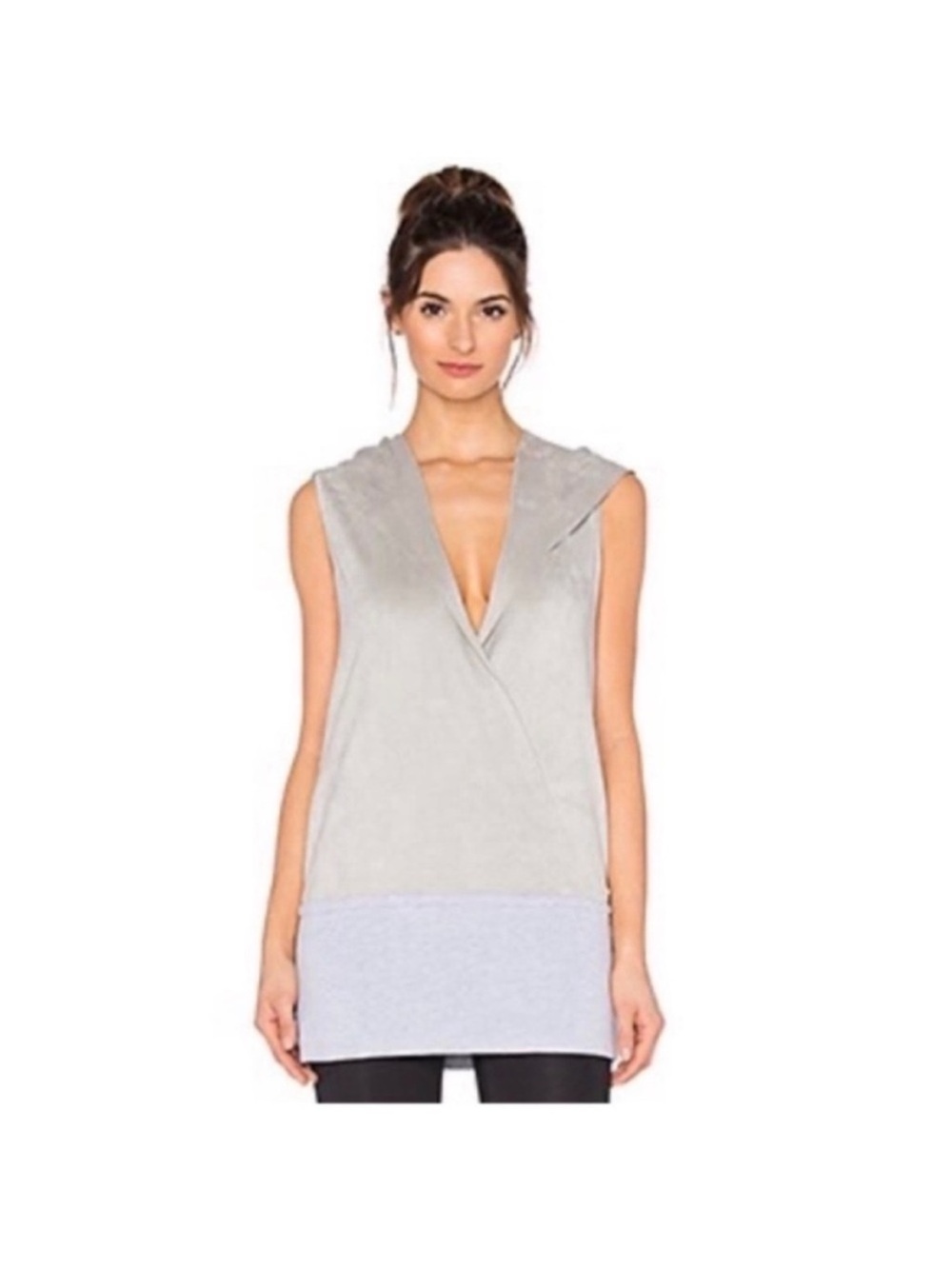 Blanc Noir silk blend faux Wrap sleeveless tunic top hoodie plunging v neck